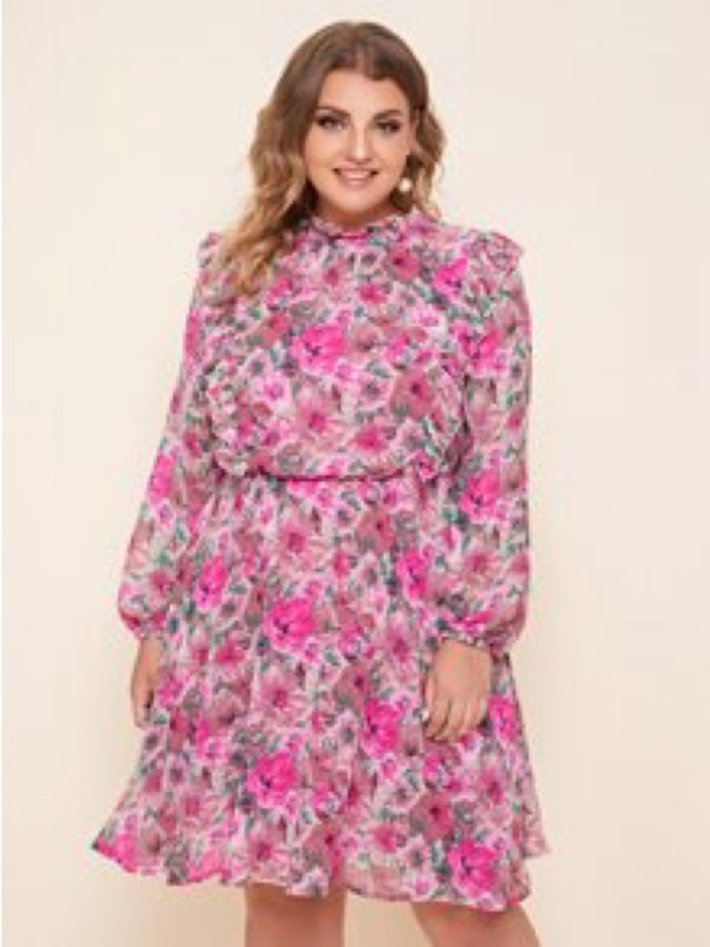 Floral Pink Long Sleeve A-Line Dress